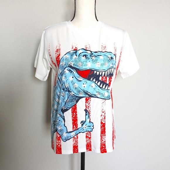 Flamingo Palms Boutique Tops - Red white and blue Patriotic T-Rex American flag graphic tee size L